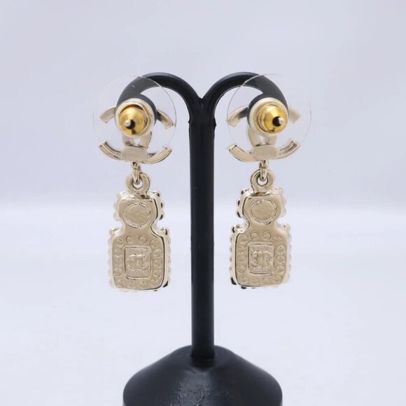 CHANEL CC Logos Rhinestone Pearl Bottle Stud Earrings Gold Tone A21K Auth w/Box - Picture 2 of 5